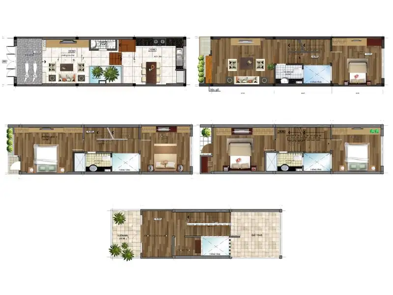 Phối cảnh 3D mẫu nhà lệch tầng 4x12 quy mô 5 tầng với cầu thang thông tầng và không gian sinh hoạt đa dạng Xây dựng Nhất Tín 03