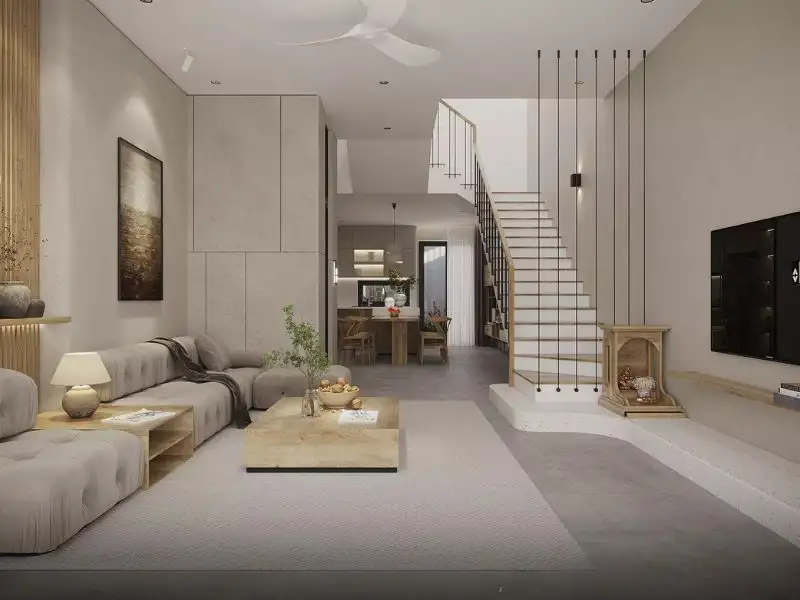 Phối cảnh 3D mẫu nhà lệch tầng 4x12 quy mô 5 tầng với cầu thang thông tầng và không gian sinh hoạt đa dạng Xây dựng Nhất Tín 1