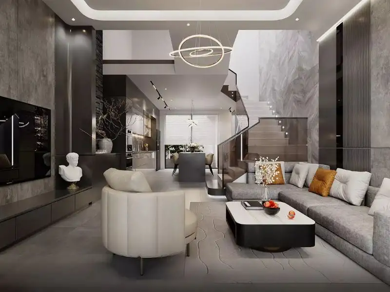 Thiết kế mẫu nhà lệch tầng 5x15 4 phòng ngủ tông màu đen xám mang đến vẻ ngoài sang trọng và huyền bí Xây dựng Nhất Tín 1