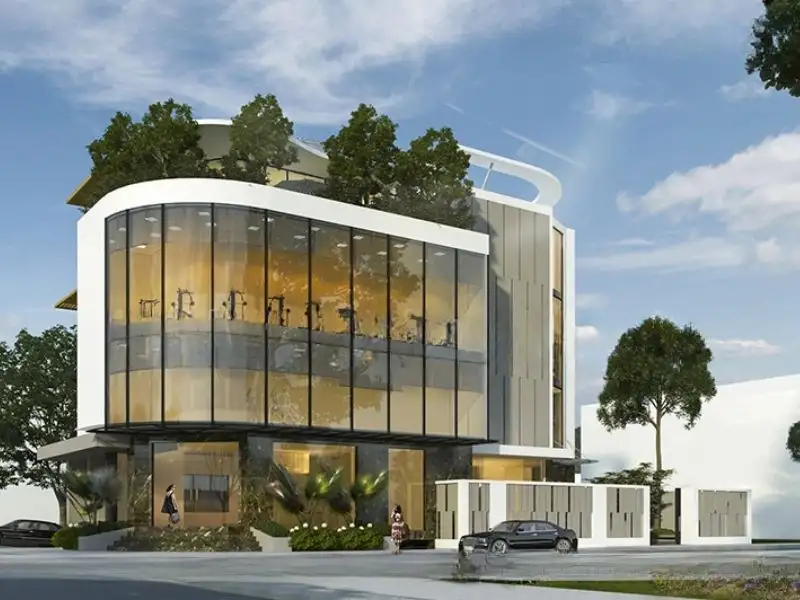 Thiết kế nhà góc 2 mặt tiền làm Showroom trưng bày sản phẩm Xây dựng Nhất Tín 1