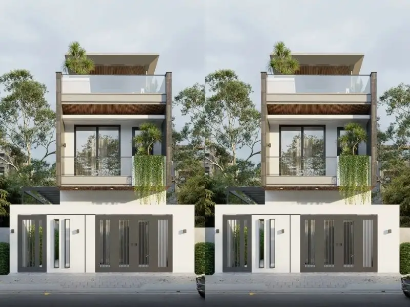 Thiết kế nhà ống 2 tầng lệch đẹp ban công kính giúp không gian thêm thoáng sáng và trẻ trung Xây dựng Nhất Tín 1