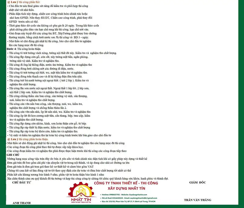 Mẫu dự toán thi công trọn gói của gia đình anh Lữ tại phường Sài Gòn Xây dựng Nhất Tín