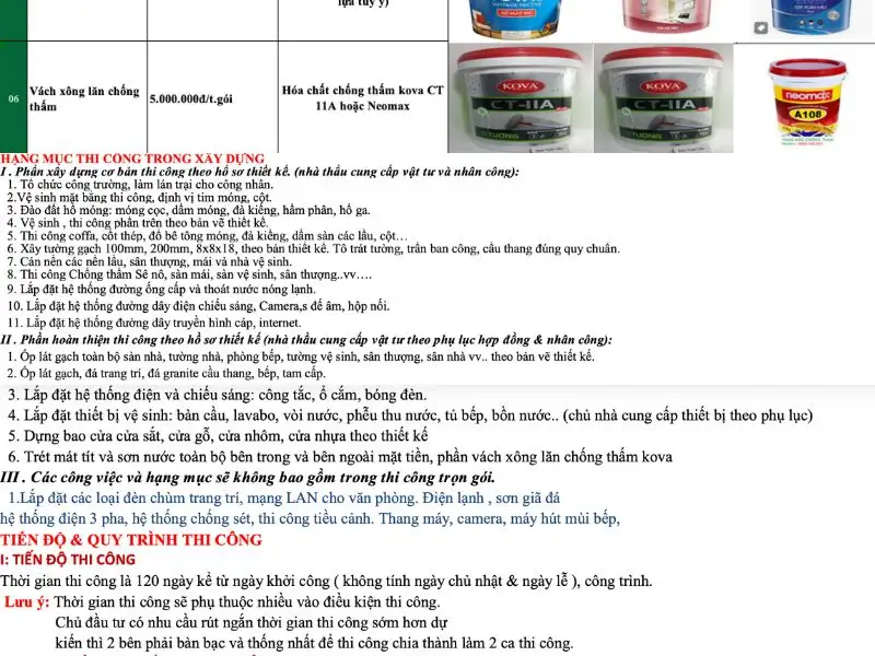 Quy định vật tư cụ thể Xây dựng Nhất Tín 1