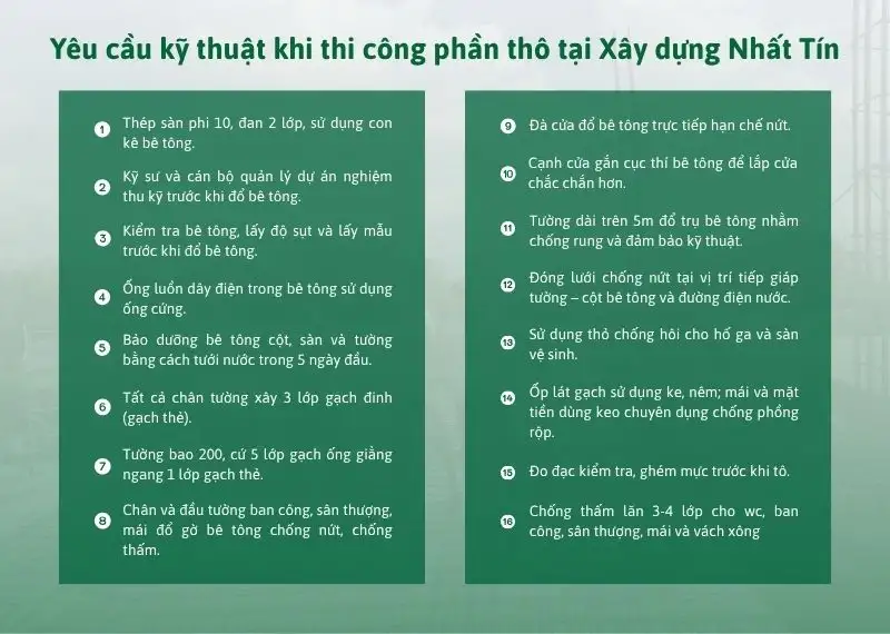Yêu cầu kỹ thuật khi thi công phần thô tại Xây dựng Nhất Tín