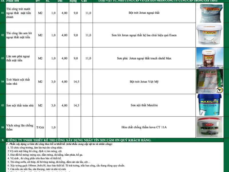 Mẫu dự toán chi phí xây dựng chi tiết Xây dựng Nhất Tín 1