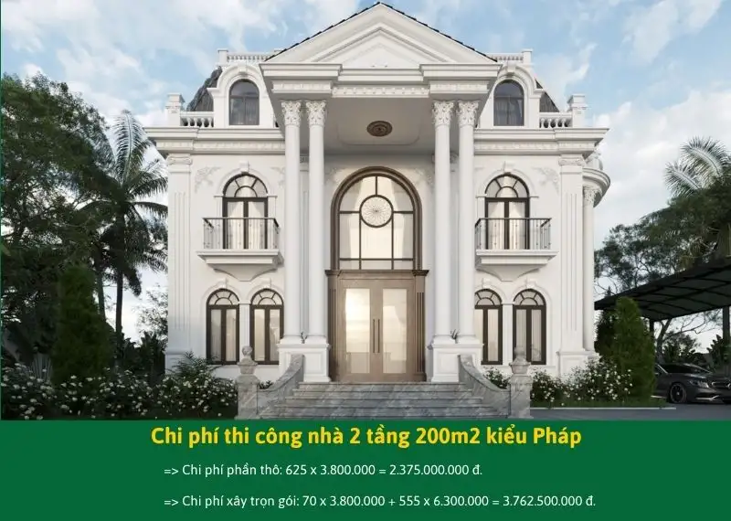 Chi phí thi công nhà 2 tầng 200m2 kiểu Pháp Xây dựng Nhất Tín