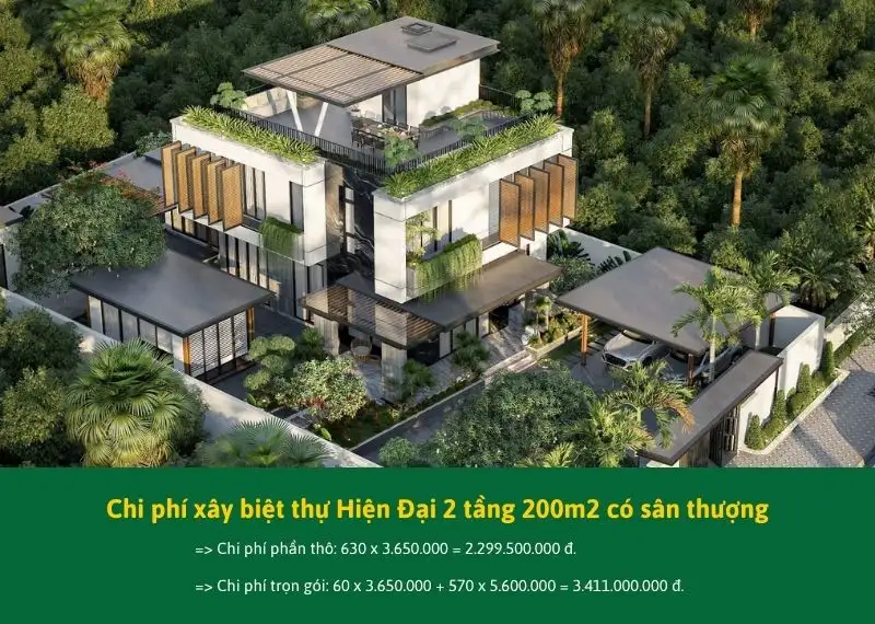Chi phí xây biệt thự Hiện Đại 2 tầng 200m2 có sân thượng Xây dựng Nhất Tín