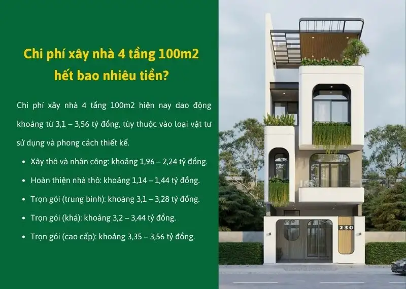 Chi phí xây nhà 4 tầng 100m2 hết bao nhiêu Xây dựng Nhất Tín