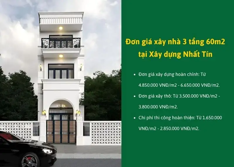Đơn giá xây nhà 3 tầng 60m2 tại Xây dựng Nhất Tín