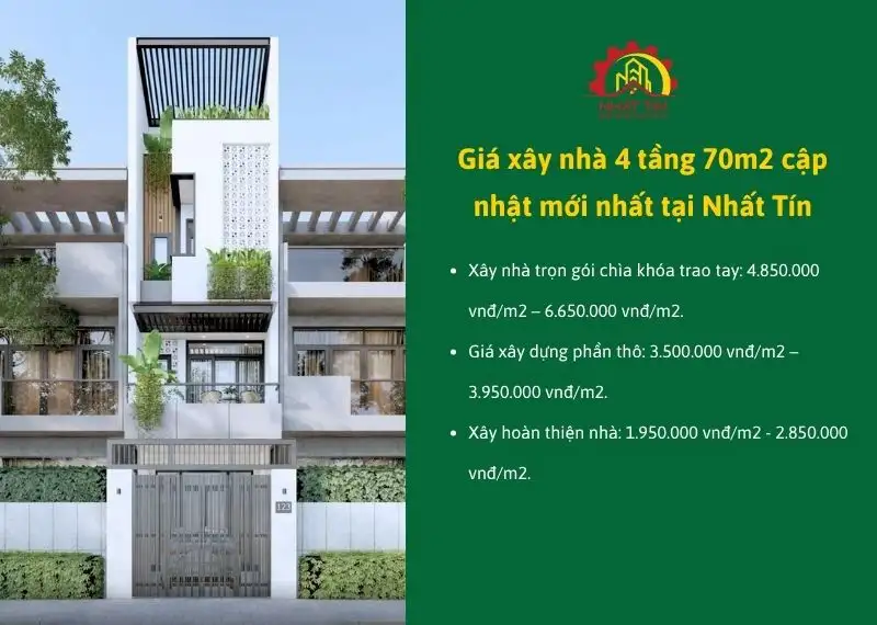 Đơn giá xây nhà 4 tầng 70m2 cập nhật mới nhất tại Xây dựng Nhất Tín