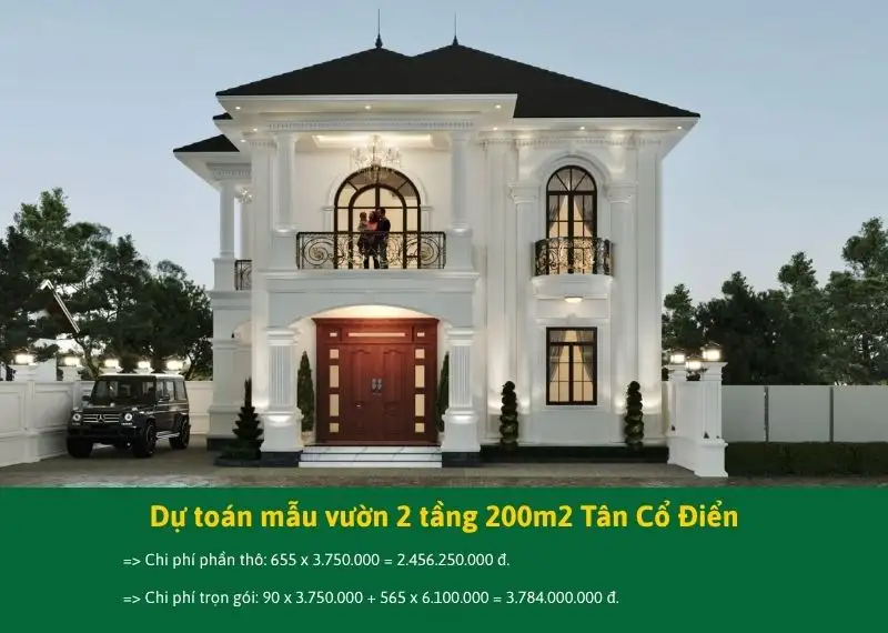 Dự toán mẫu vườn 2 tầng 200m2 Tân Cổ Điển ở nông thôn Xây dựng Nhất Tín