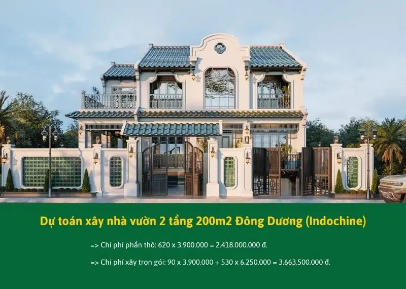 Dự toán xây nhà vườn 2 tầng 200m2 Đông Dương (Indochine) Xây dựng Nhất Tín