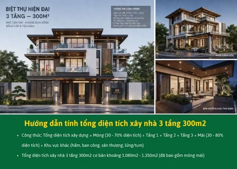 Hướng dẫn tính tổng diện tích xây nhà 3 tầng 300m2 Xây dựng Nhất Tín