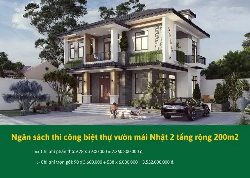 Ngân sách thi công biệt thự vườn mái Nhật 2 tầng rộng 200m2 Xây dựng Nhất Tín