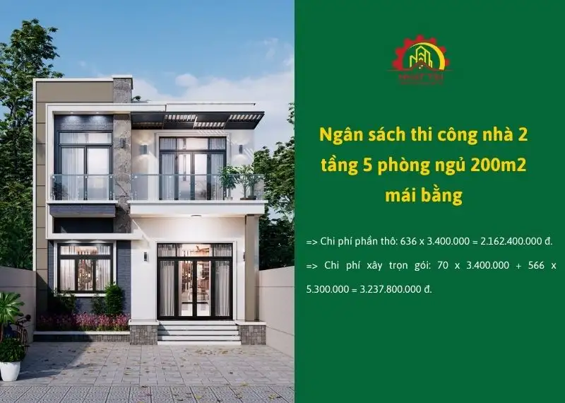 Ngân sách thi công nhà 2 tầng 5 phòng ngủ 200m2 mái bằng Xây dựng Nhất Tín