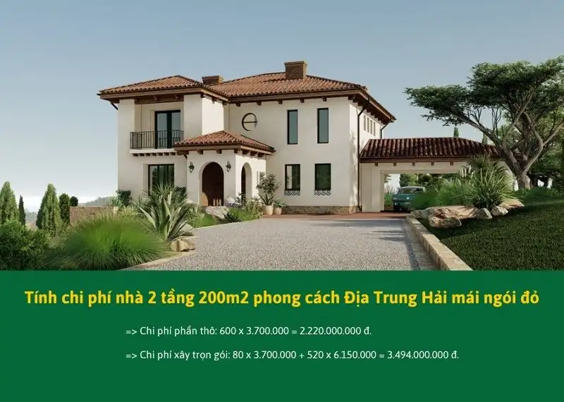 Tính chi phí nhà 2 tầng 200m2 phong cách Địa Trung Hải mái ngói đỏ Xây dựng Nhất Tín