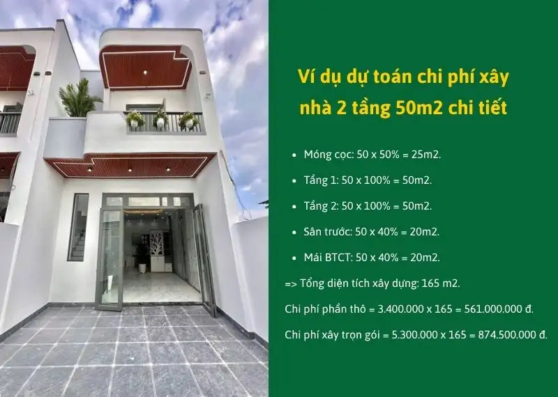 Ví dụ dự toán chi phí xây nhà 2 tầng 50m2 mái btct Xây dựng Nhất Tín
