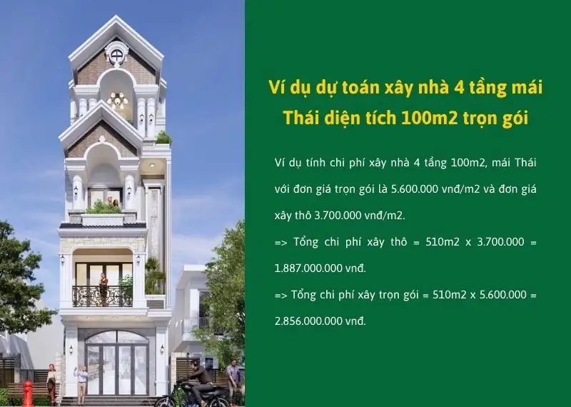 Ví dụ dự toán xây nhà 4 tầng mái Thái diện tích 100m2 trọn gói Xây dựng Nhất Tín