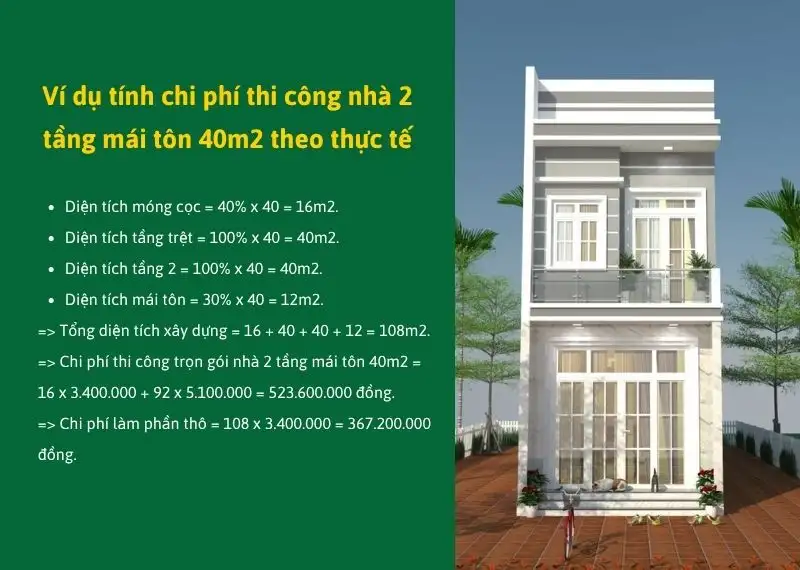 Ví dụ tính chi phí thi công nhà 2 tầng mái tôn 40m2 theo thực tế Xây dựng Nhất Tín