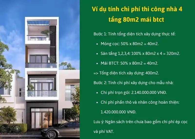 Ví dụ tính chi phí thi công nhà 4 tầng 80m2 mái btct Xây dựng Nhất Tín