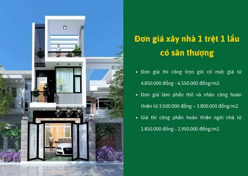 Đơn giá xây nhà 1 trệt 1 lầu có sân thượng mới nhất Xây dựng Nhất Tín