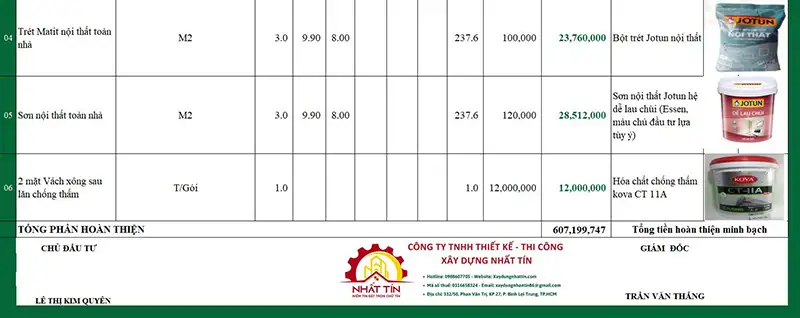 Dự toán chi phí xây dựng nhà bằng Excel - chủ đầu tư chị Quyên ở Linh Xuân, HCM Xây dựng Nhất Tín