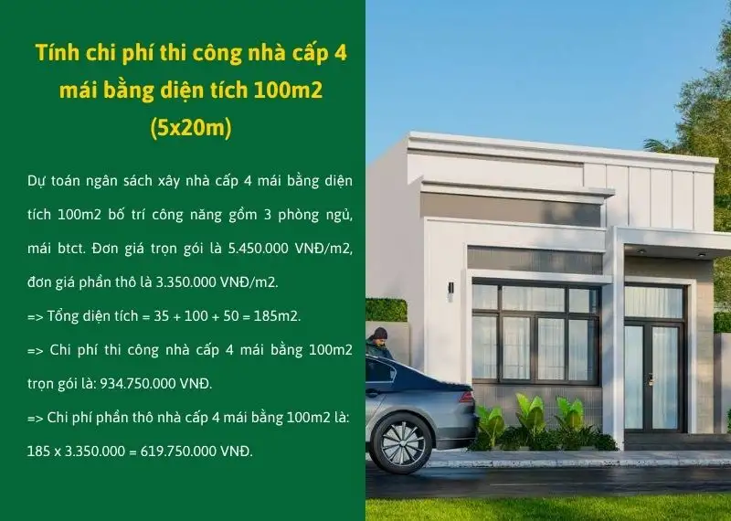 Tính chi phí thi công nhà cấp 4 mái bằng diện tích 100m2 (5x20m) Xây dựng Nhất Tín