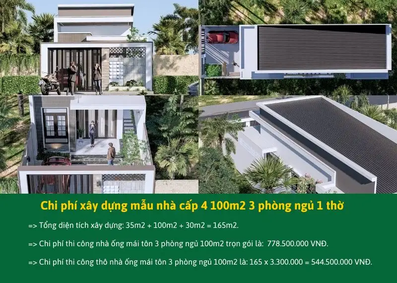Tính chi phí xây dựng mẫu nhà cấp 4 100m2 3 phòng ngủ 1 thờ Xây dựng Nhất Tín