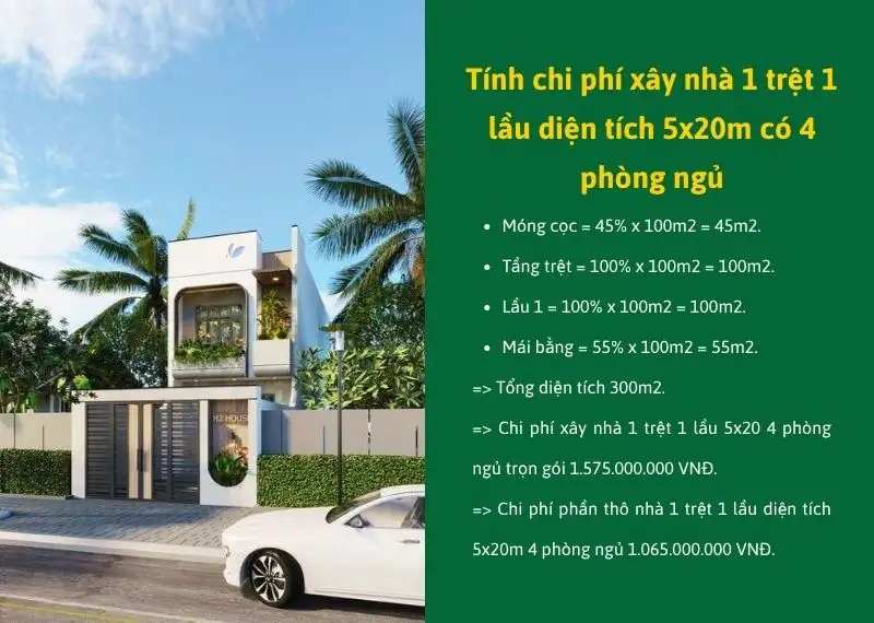 Tính chi phí xây nhà 1 trệt 1 lầu diện tích 5x20m có 4 phòng ngủ Xây dựng Nhất Tín