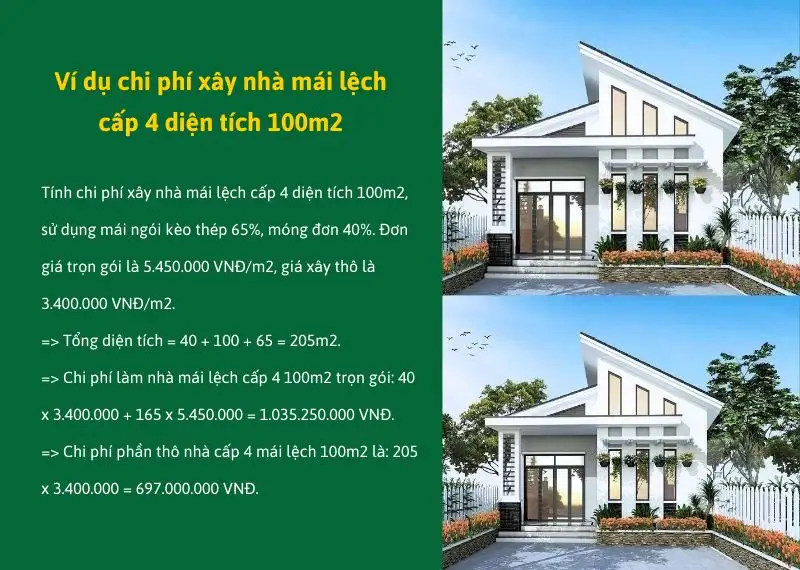 Ví dụ chi phí xây nhà mái lệch cấp 4 diện tích 100m2 Xây dựng Nhất Tín