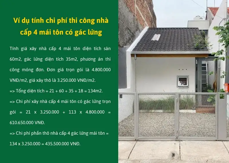 Ví dụ tính chi phí thi công nhà cấp 4 mái tôn có gác lửng Xây dựng Nhất Tín