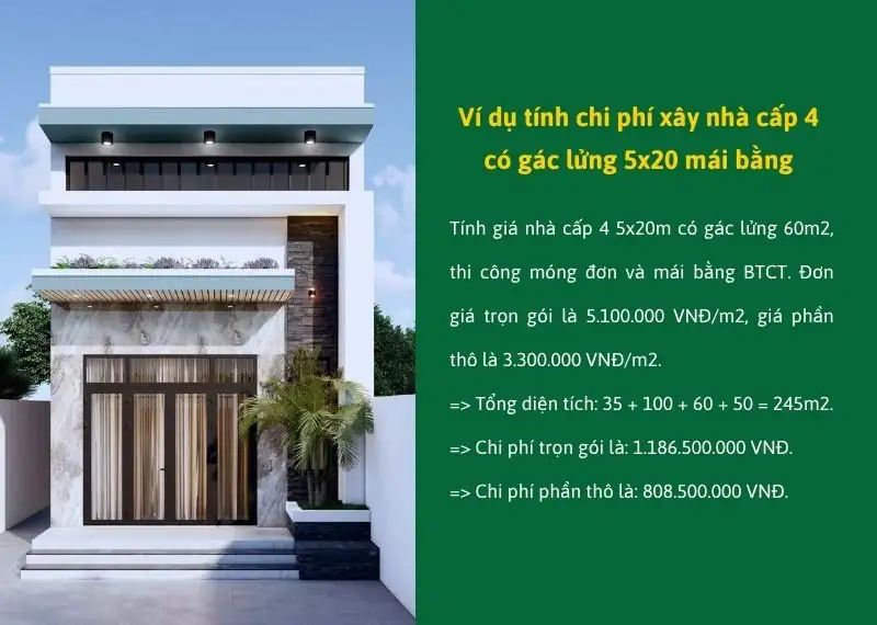 Ví dụ tính chi phí xây nhà cấp 4 có gác lửng 5x20 mái bằng Xây dựng Nhất Tín