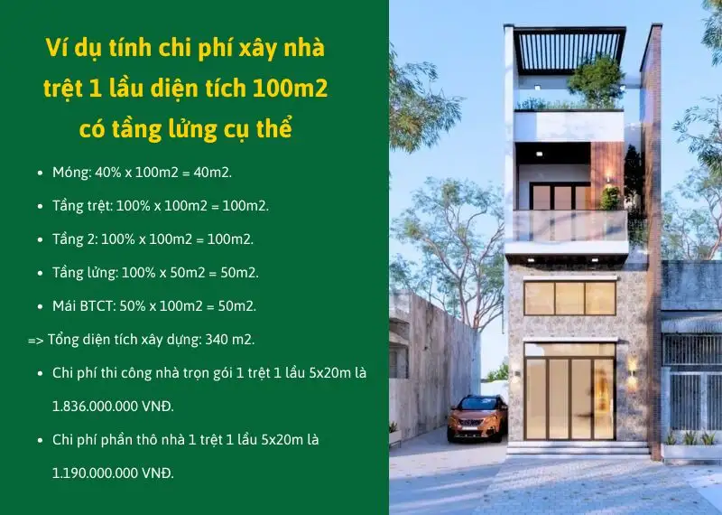 Ví dụ tính chi phí xây nhà trệt 1 lầu 100m2 có tầng lửng Xây dựng Nhất Tín